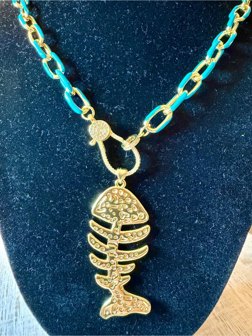 🆕Gold Fishbone Pendant Necklace with Turquoise Chain 14k gold plated